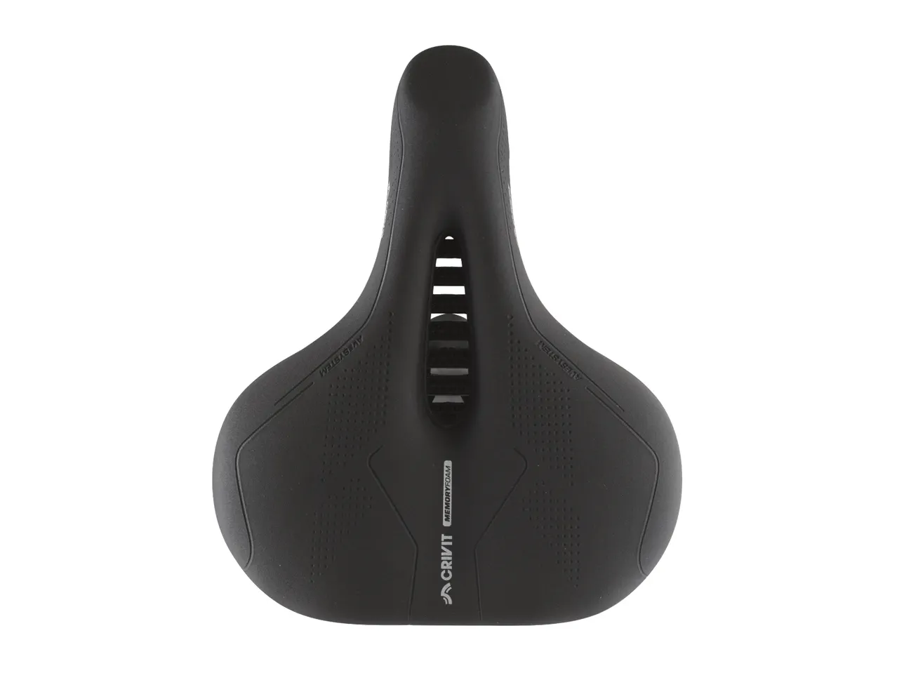 A black Crivit bicycle saddle with memory foam padding.