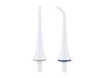 Two white water flosser replacement tips, one straight and one angled, with colored rings.
