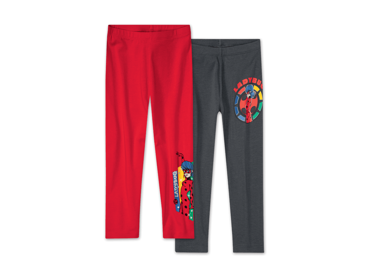 Zwei Paar Miraculous Ladybug Leggings, eine rote und eine graue.