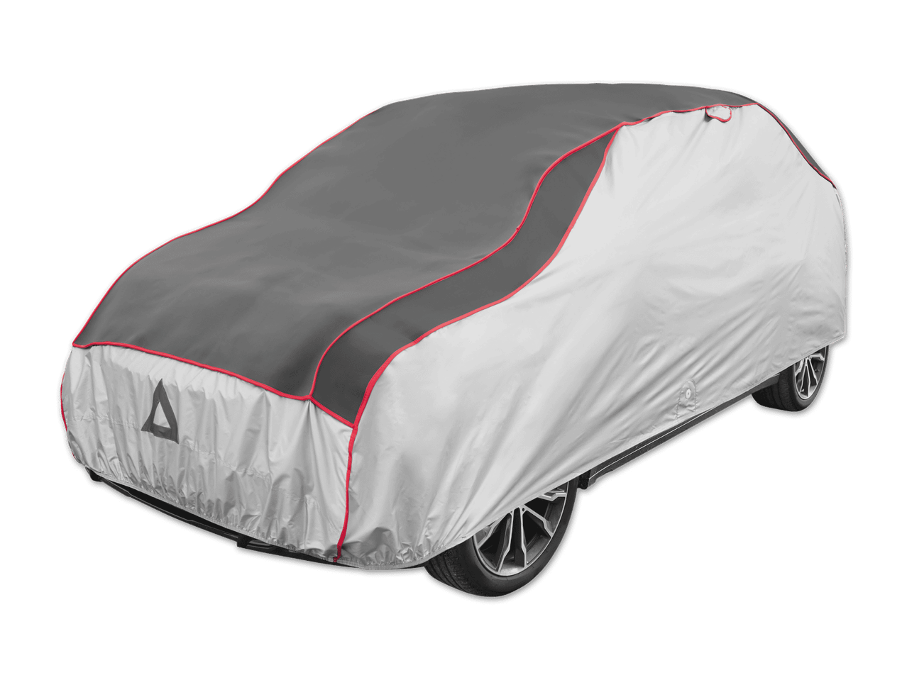 Graue Autoabdeckung mit rotem Rand und schwarzem Dreieck auf der Vorderseite