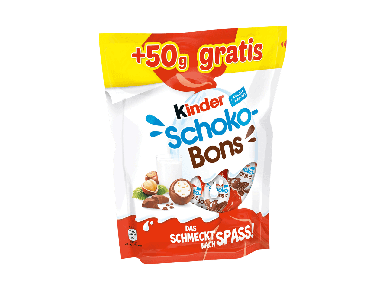 Beutel mit Schokoladenbonbons mit Haselnüssen und Milch, mit der Aufschrift „+50g gratis“.