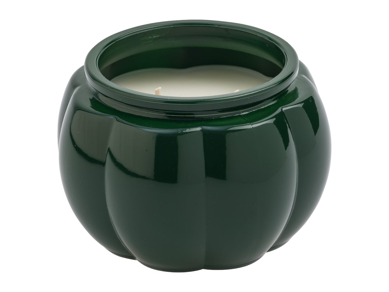 A dark green pumpkin-shaped candle in a ceramic jar with a white candle inside.