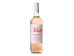 Een fles roséwijn met een wit etiket met de tekst 'i like Pinot Grigio Rosé' en een beschrijving van de smaak.