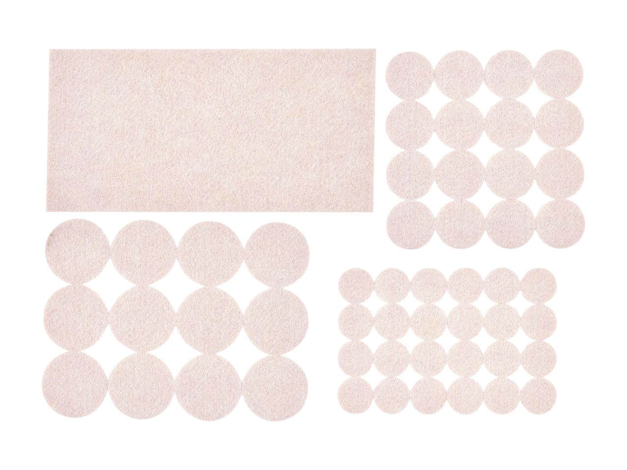 Felt furniture pads in various shapes: one rectangular sheet and multiple circular pads