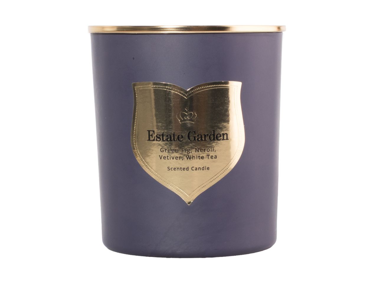 Scented candle in a purple jar with a gold label reading Estate Garden