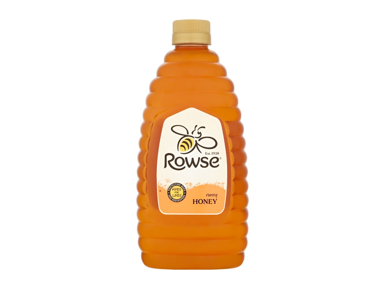 Rowse Runny Honey in a beehive-shaped bottle with a yellow cap.
