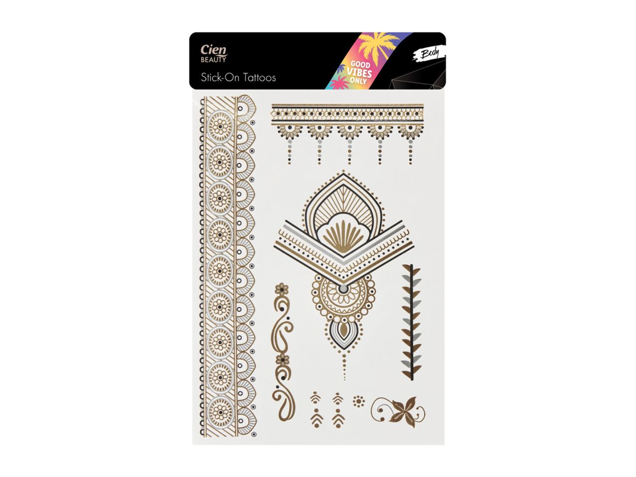 Metallic gold henna-style temporary tattoo sheet.