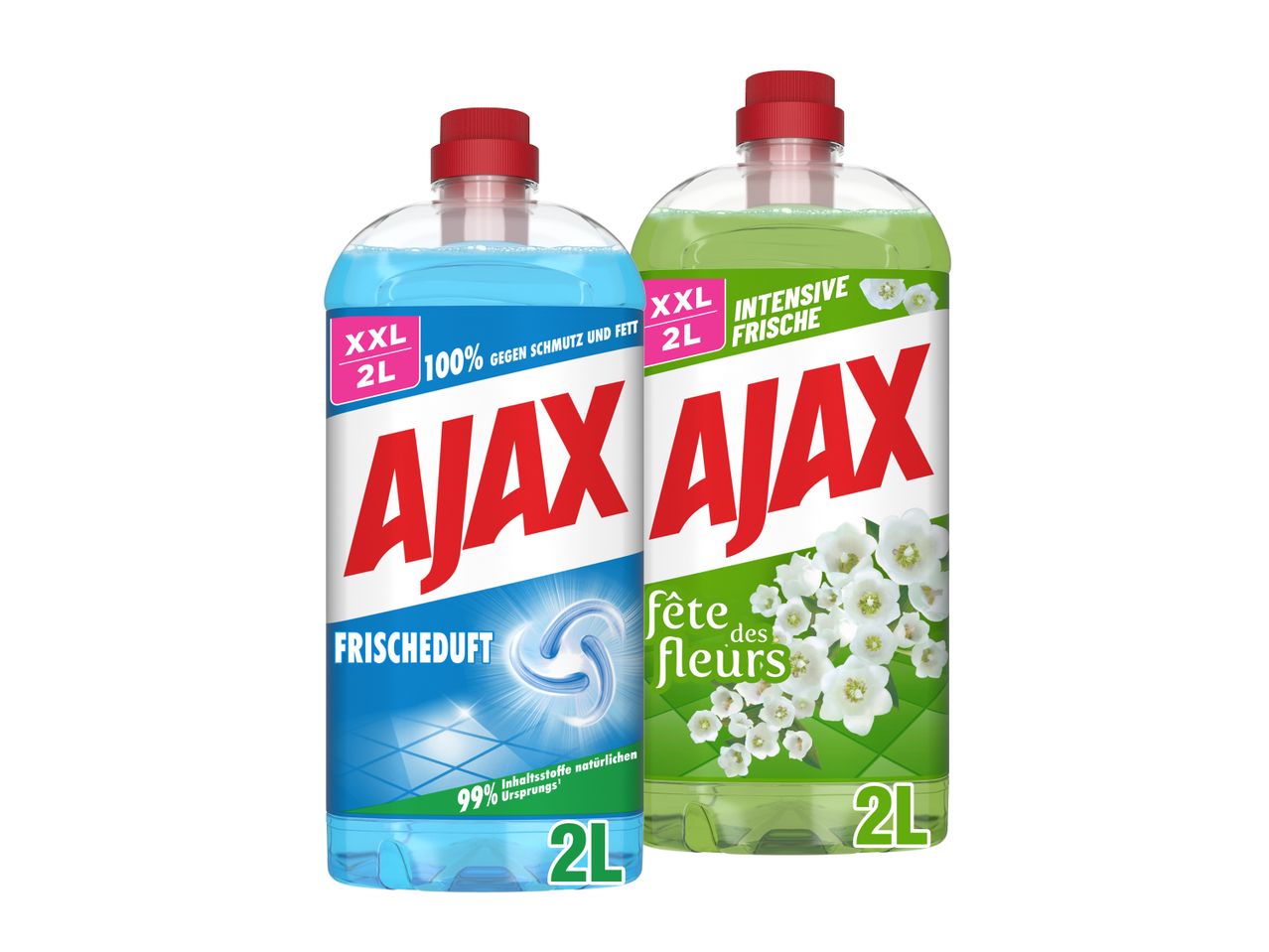 Zwei Ajax XXL 2L Flaschen, eine mit Frischeduft, die andere mit Fête des Fleurs Duft.