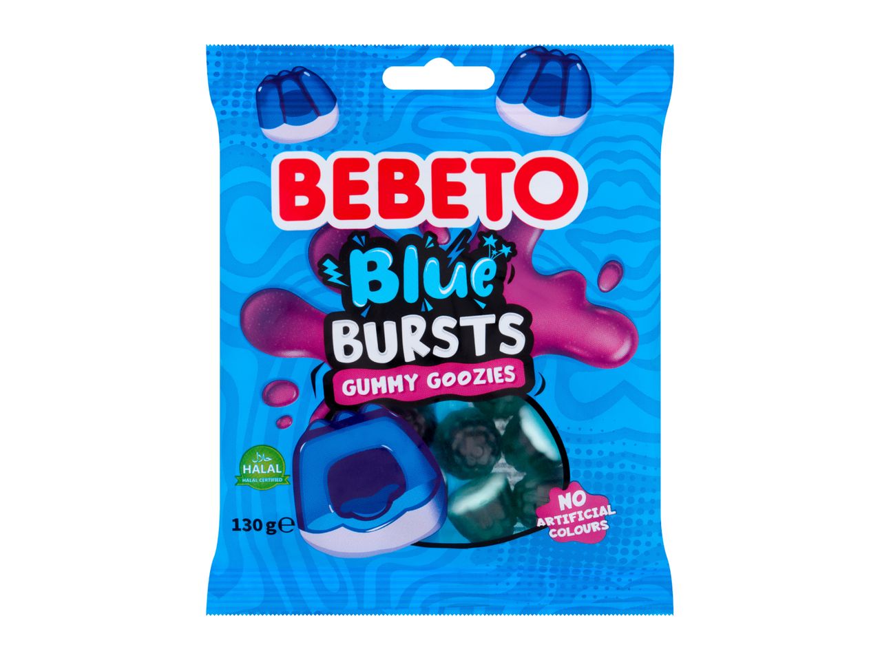 A 130g bag of blue burst gummy candies with a liquid center, labeled halal.