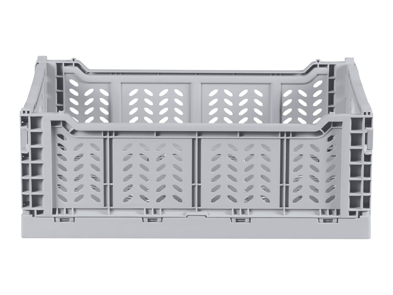 Light grey foldable plastic storage crate with perforated sides, front view.