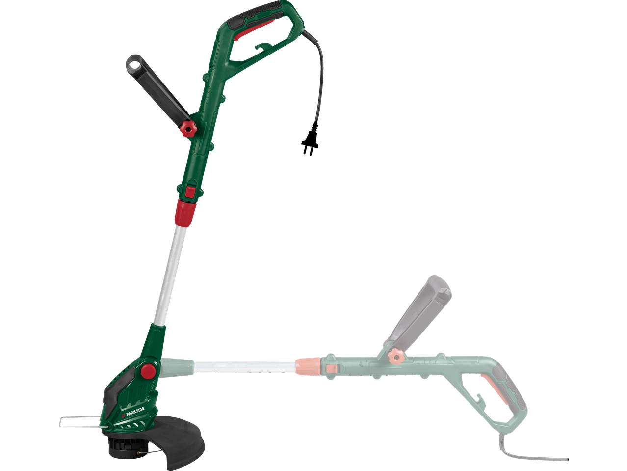 Aparador de relva elétrico verde e preto com pega ajustável e cabeça de corte.