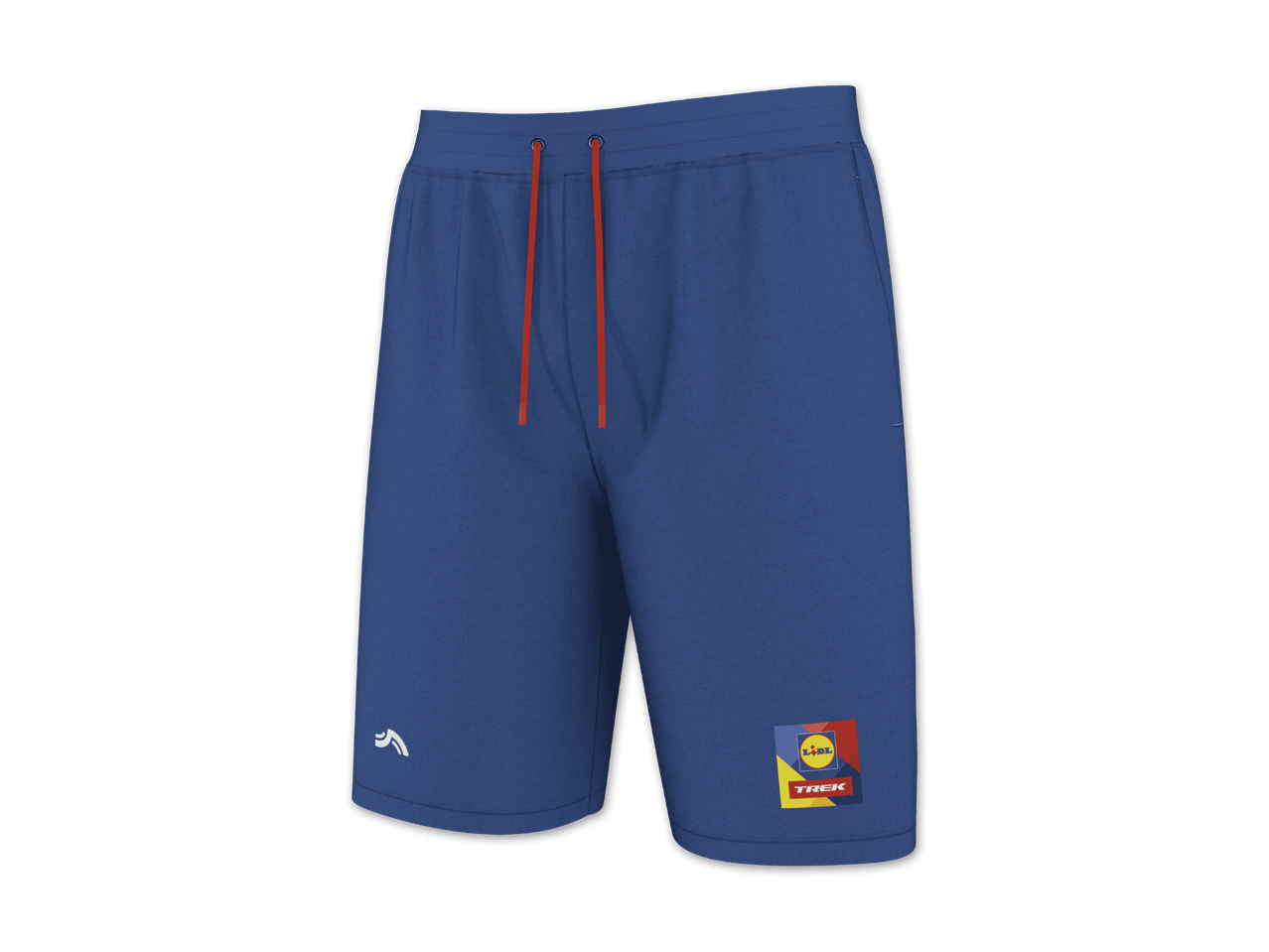 Blaue Shorts mit rotem Kordelzug und Logos auf beiden Beinen.