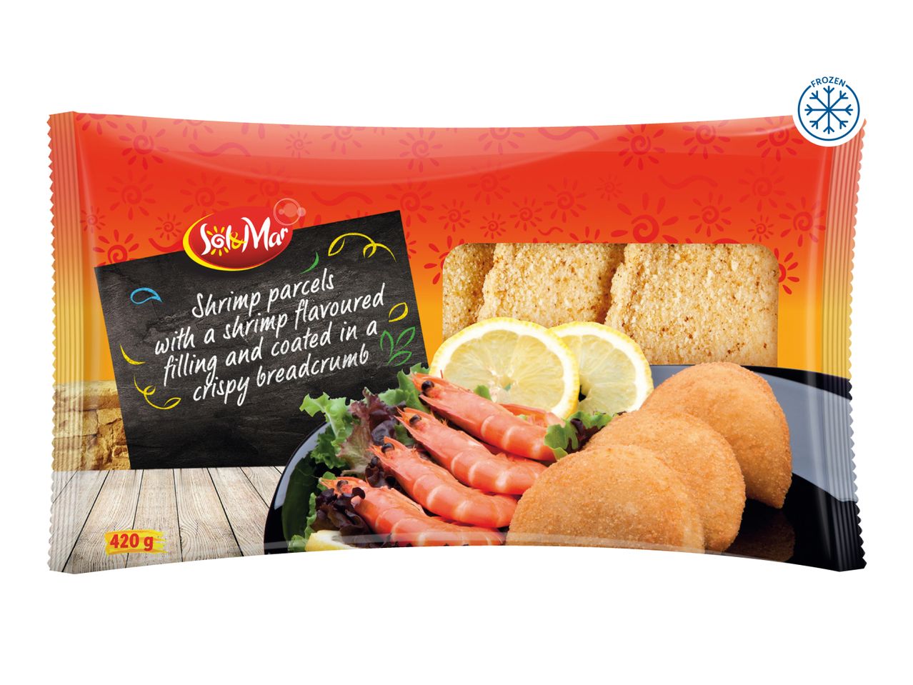 Frozen shrimp parcels with a shrimp-flavored filling and crispy breadcrumb coating, 420g.