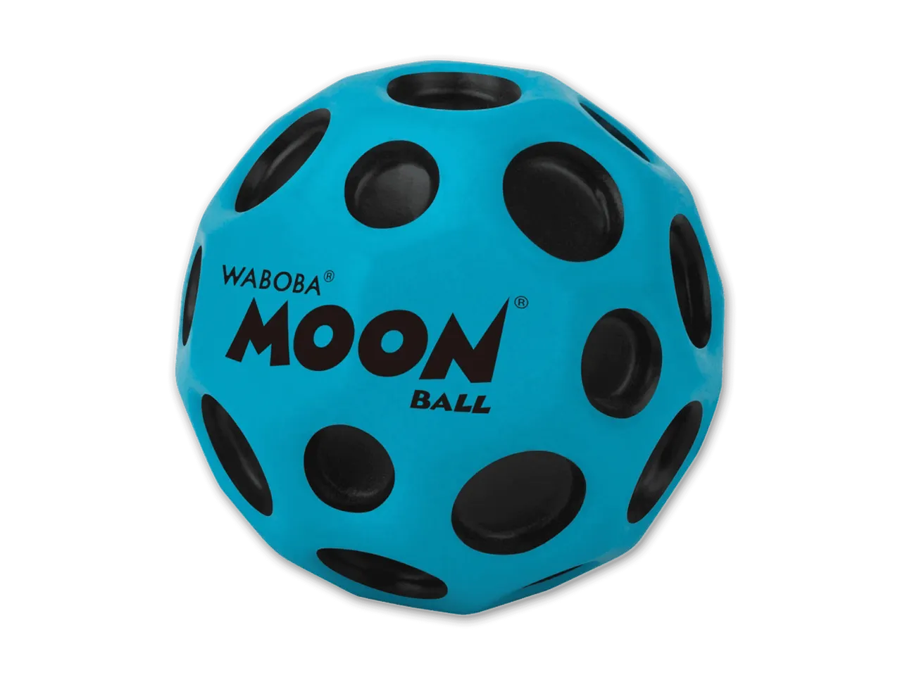 Blauer Waboba Moon Ball mit schwarzen Löchern und Logo