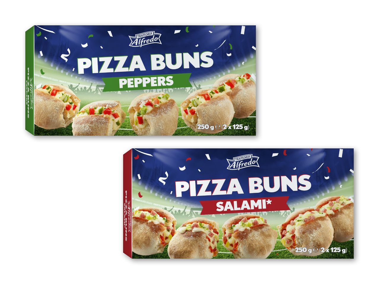 To pakker pizzaboller, en med peberfrugt og en med salami, mod en stadionbaggrund.