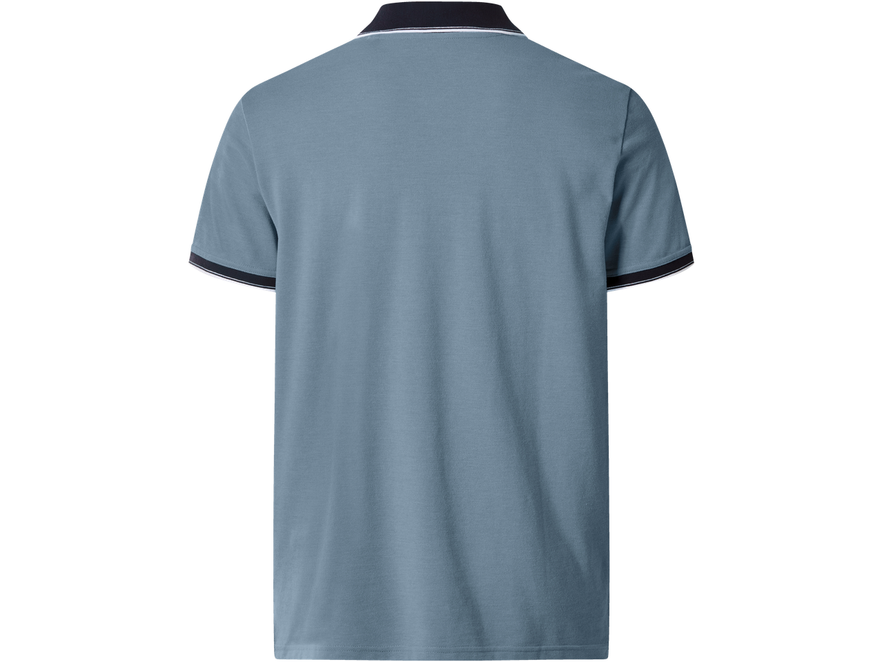 Tricou polo albastru cu guler și manșete cu dungi alb-negru, vedere din spate.