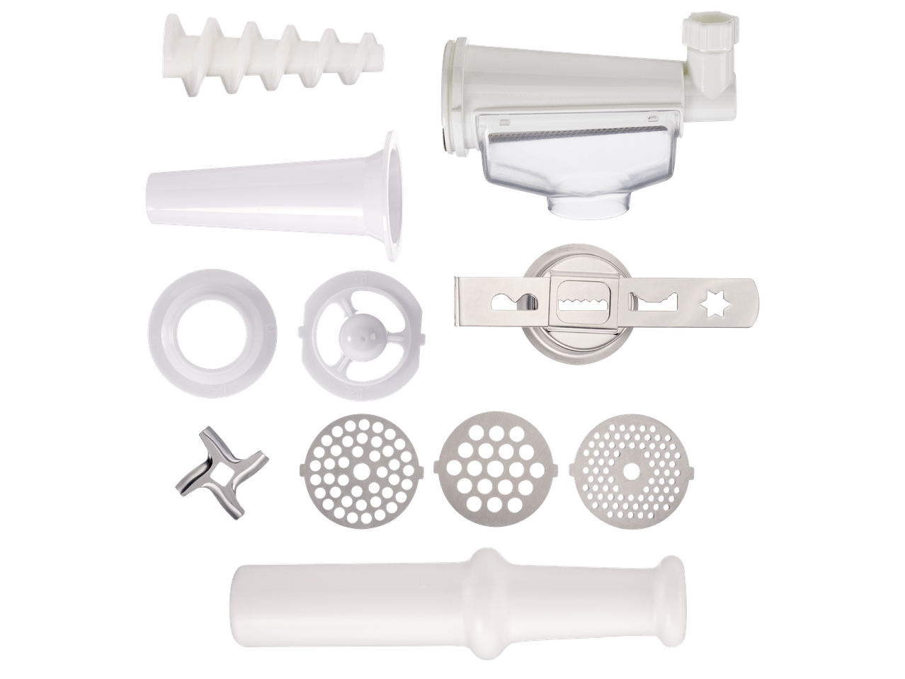 Комплект аксесоари за месомелачка, включващ приставки за колбаси, решетки и ножчета.
