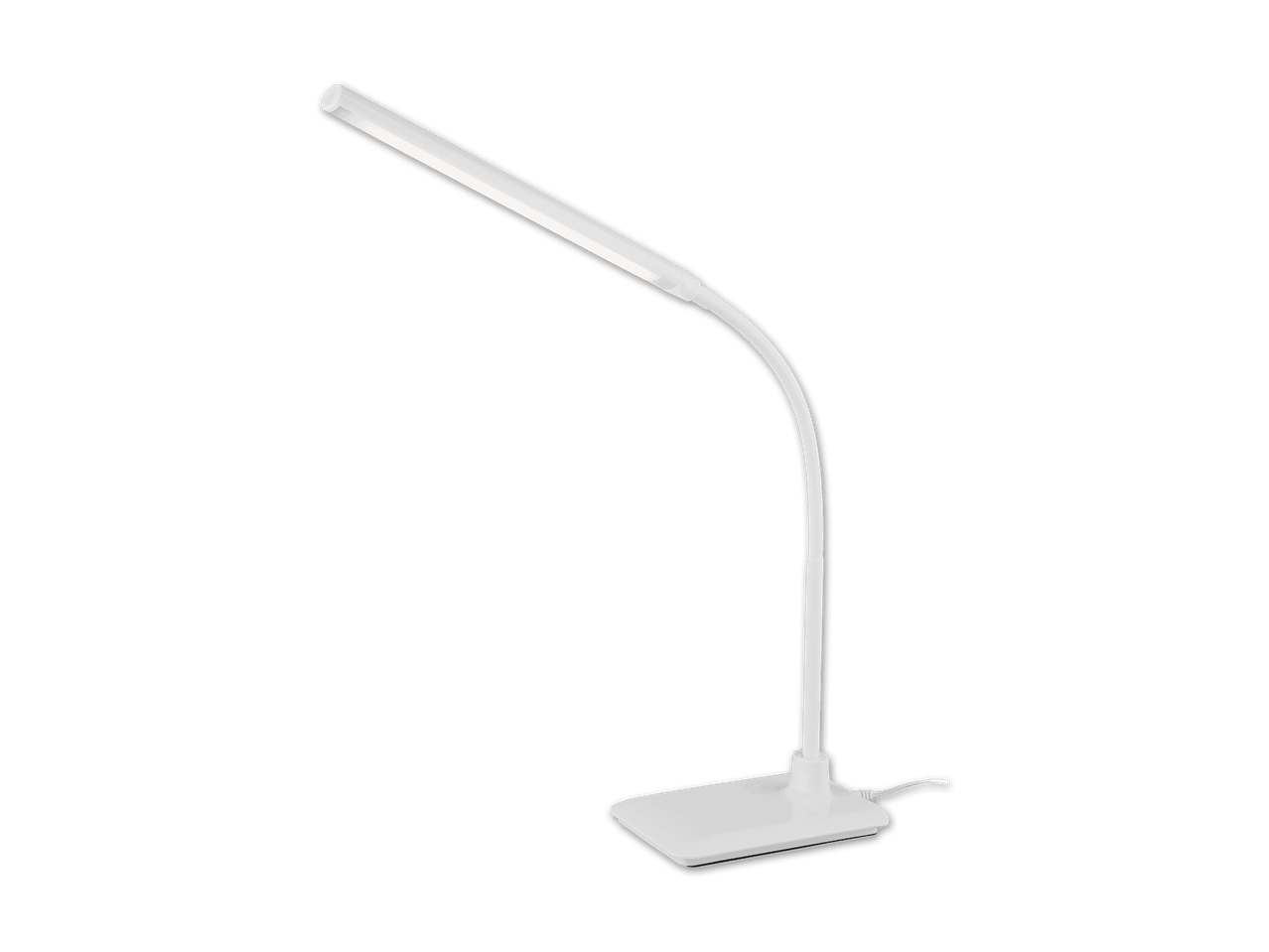 Weiße LED-Schreibtischlampe mit schlanker, gebogener Halterung.