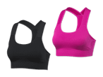 Zwei Sport-BHs, einer in Schwarz und einer in leuchtendem Pink, auf schwarzem Hintergrund.