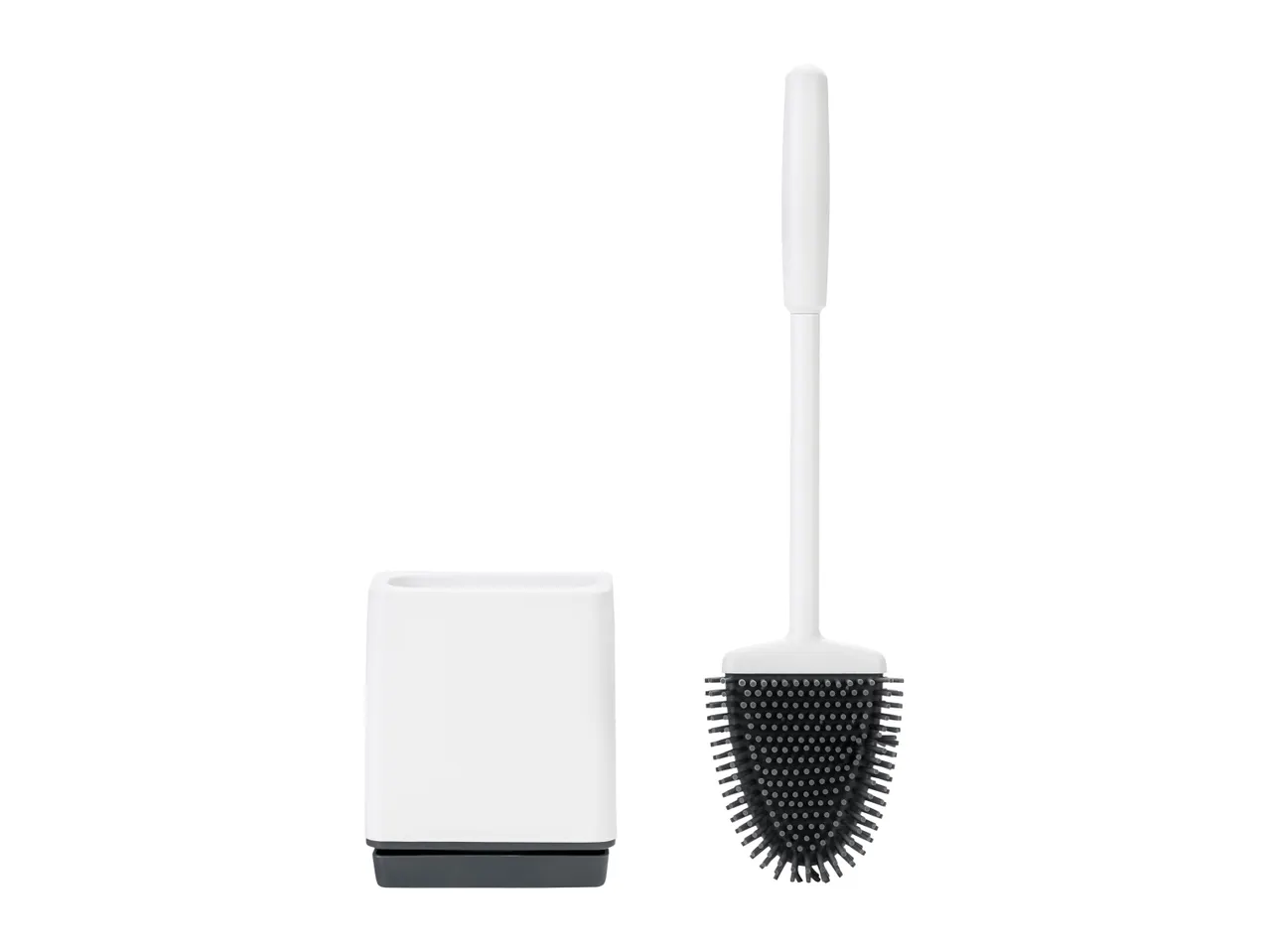 A white toilet brush and holder set with a black brush head.