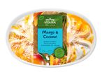 Mango and coconut sorbet with ice cream, topped with mango and passion fruit sauce.