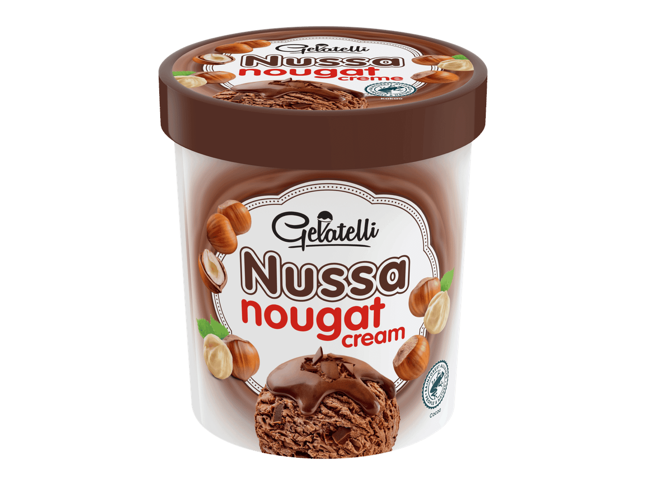 Suklaajäätelöpakkaus hasselpähkinöillä ja suklaakastikkeella, jossa lukee 'Nussa nougat cream'.