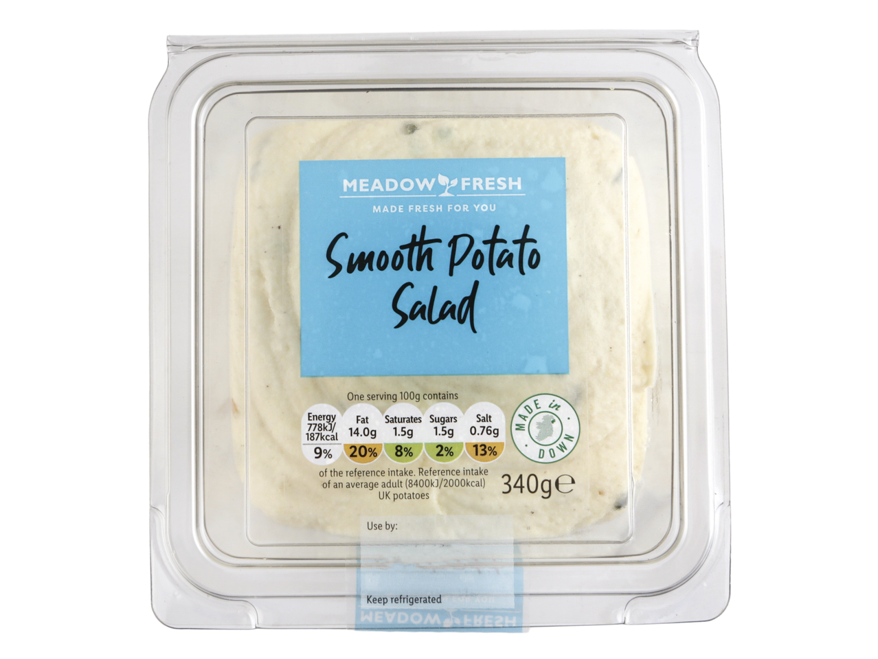 Meadow Fresh smooth potato salad, 340g, made in Northern Ireland.
