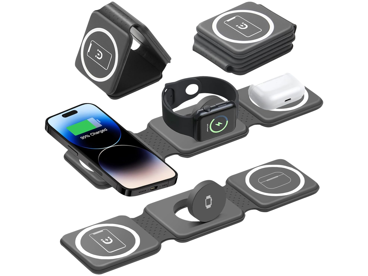 Carregador sem fios dobrável VALE 3 em 1 com telemóvel, smartwatch e auriculares.