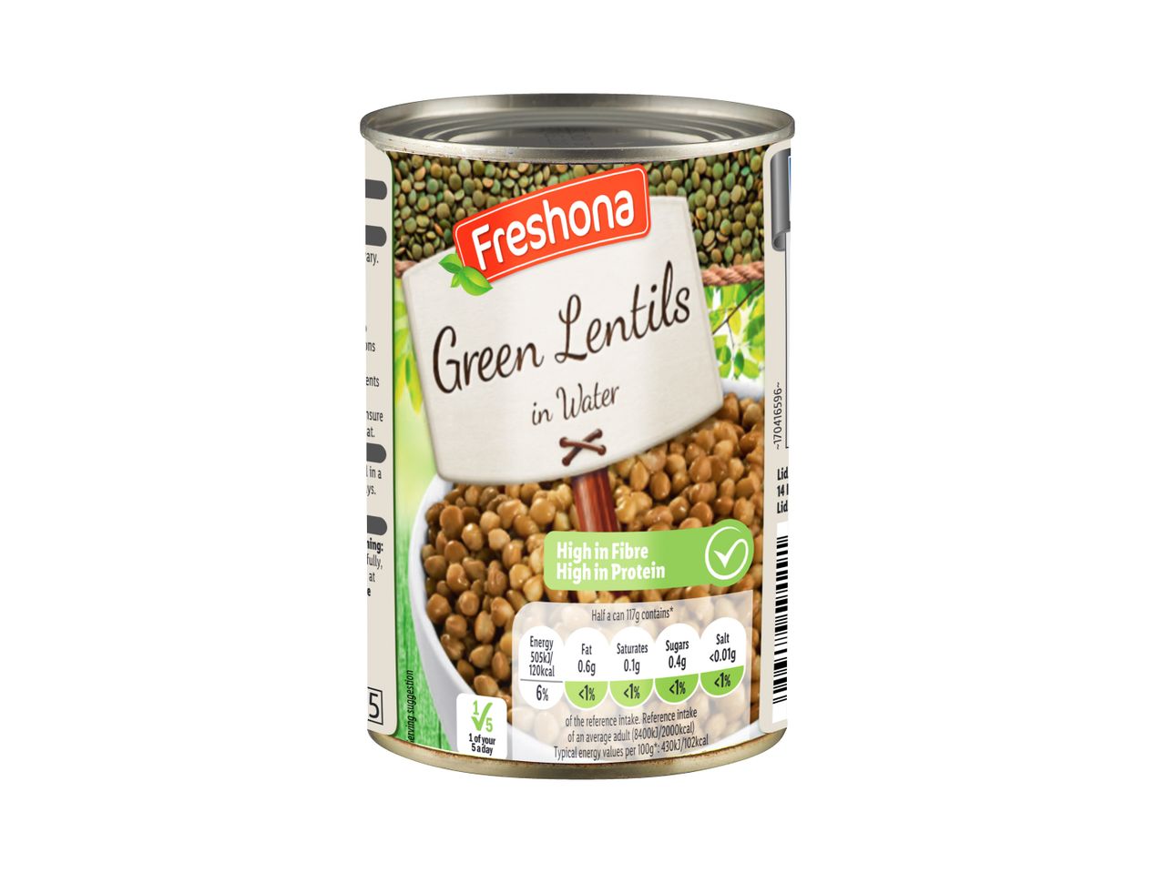 Fresona green lentils in water, high in fibre and protein.