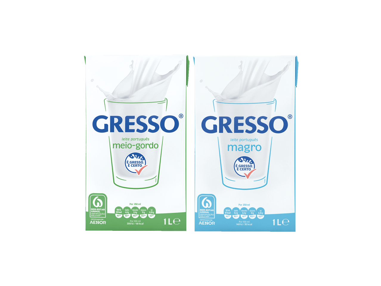 Duas embalagens de leite, uma meio-gordo e outra magro, com informações nutricionais.