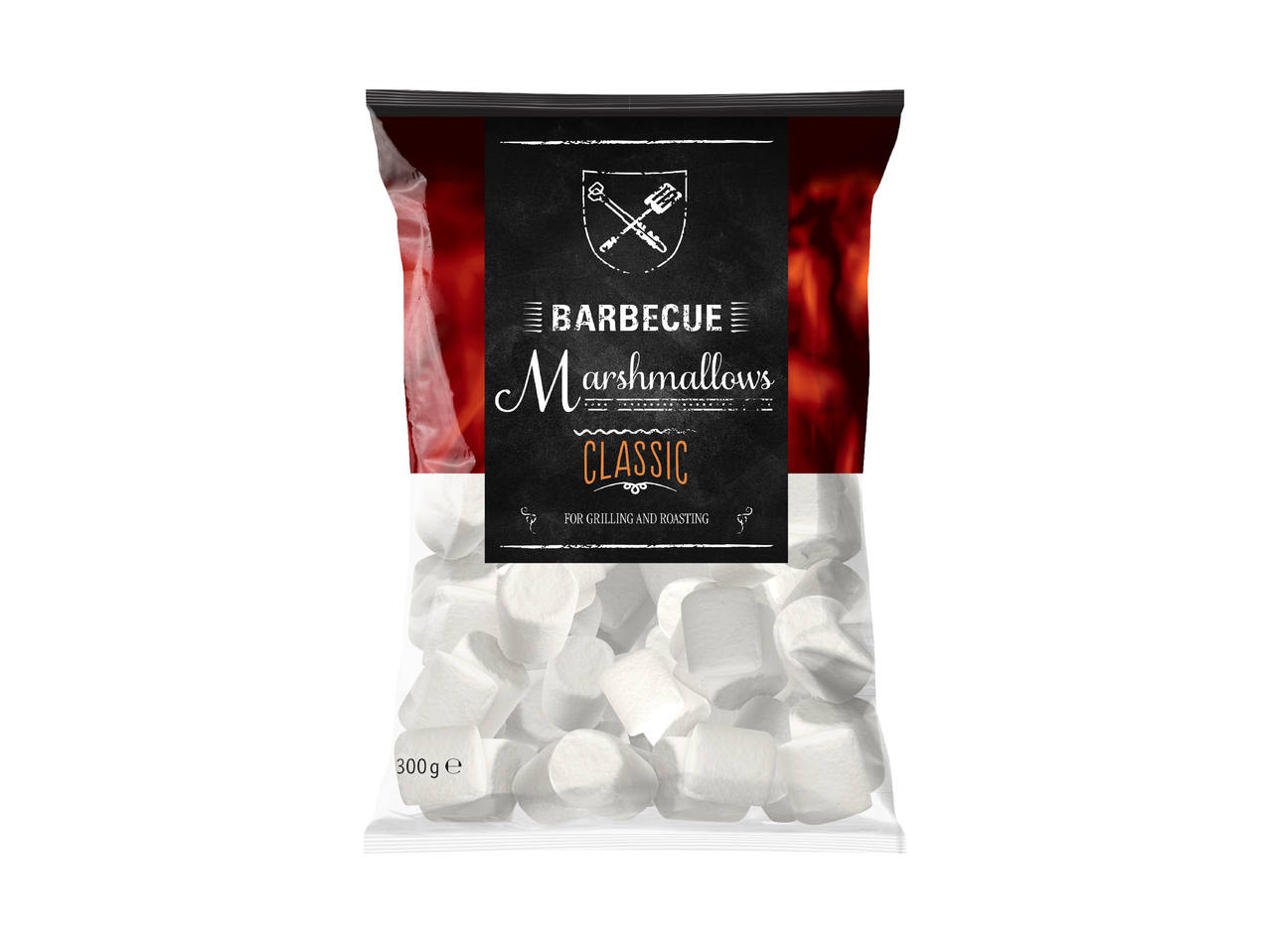 Пакет с бели маршмелоу за барбекю, с надпис 'BARBECUE Marshmallows CLASSIC'.