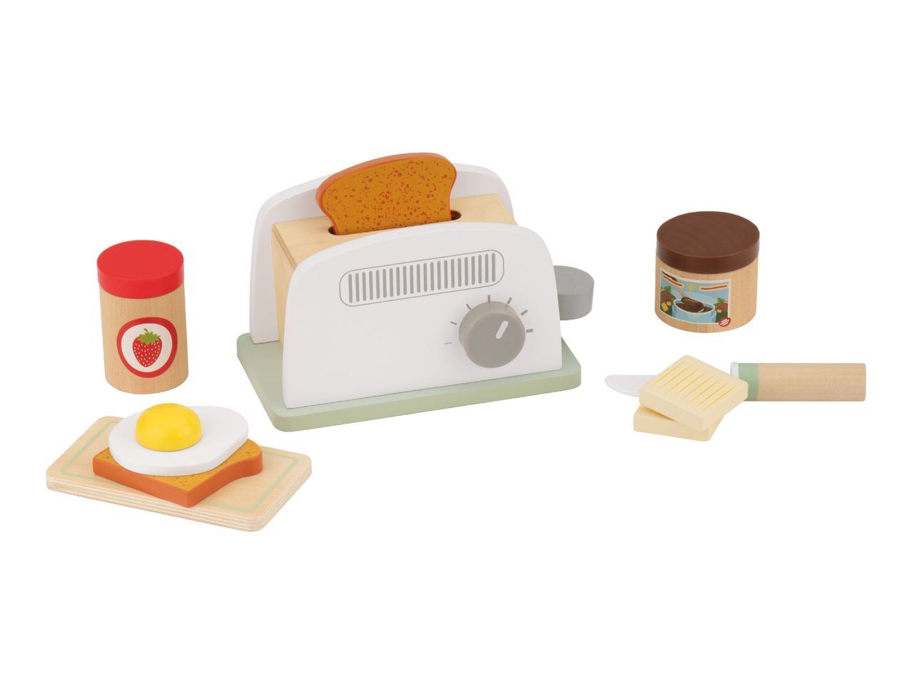 Wooden toy breakfast set with toaster, toast, fried egg, jam, chocolate spread, butter, and knife.