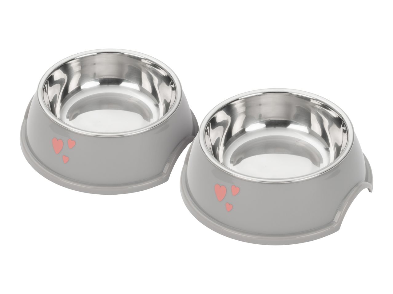 Two grey pet bowls with stainless steel inserts and pink heart details