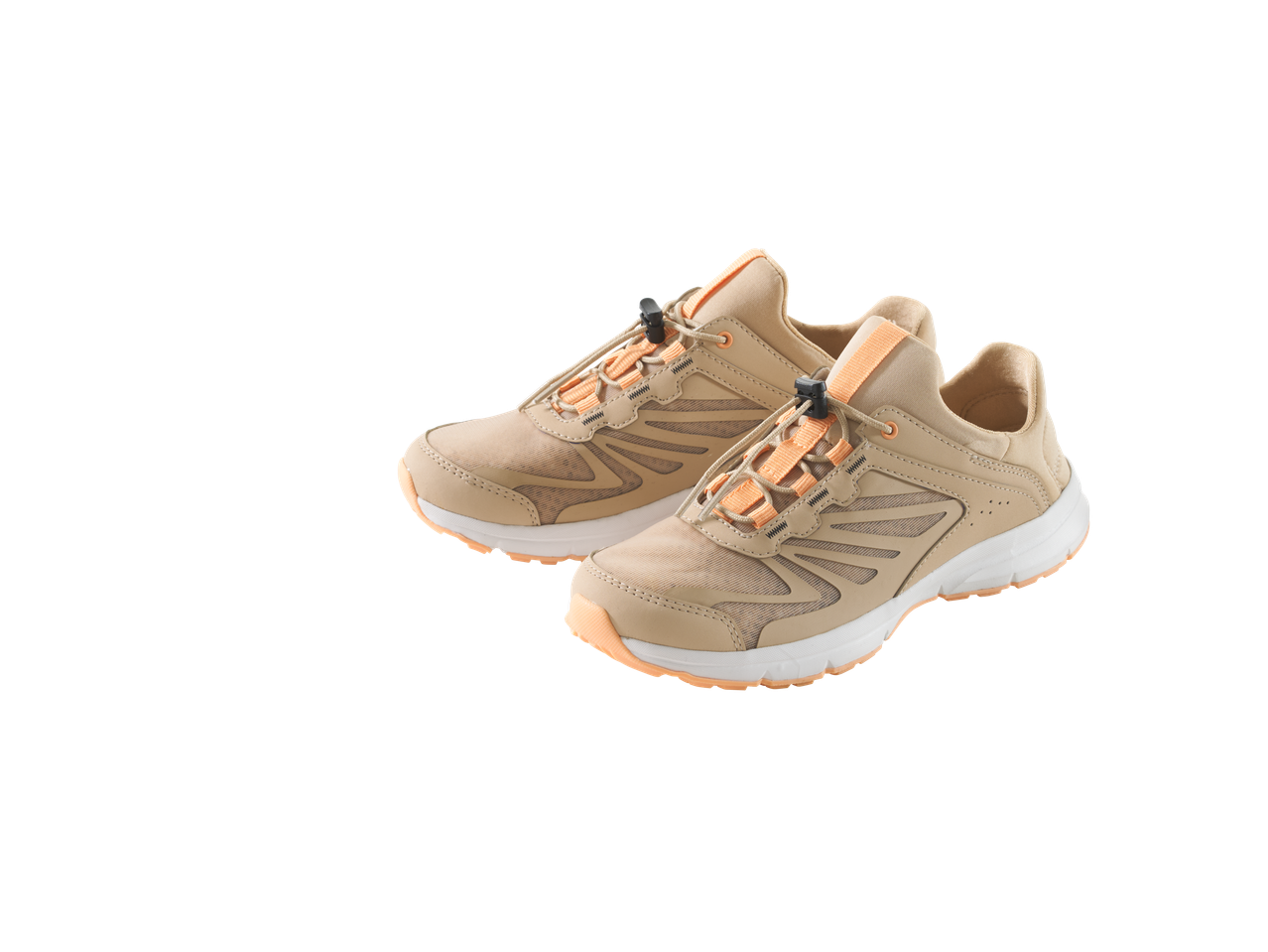 Pair of beige and orange athletic shoes with quick-lace system.