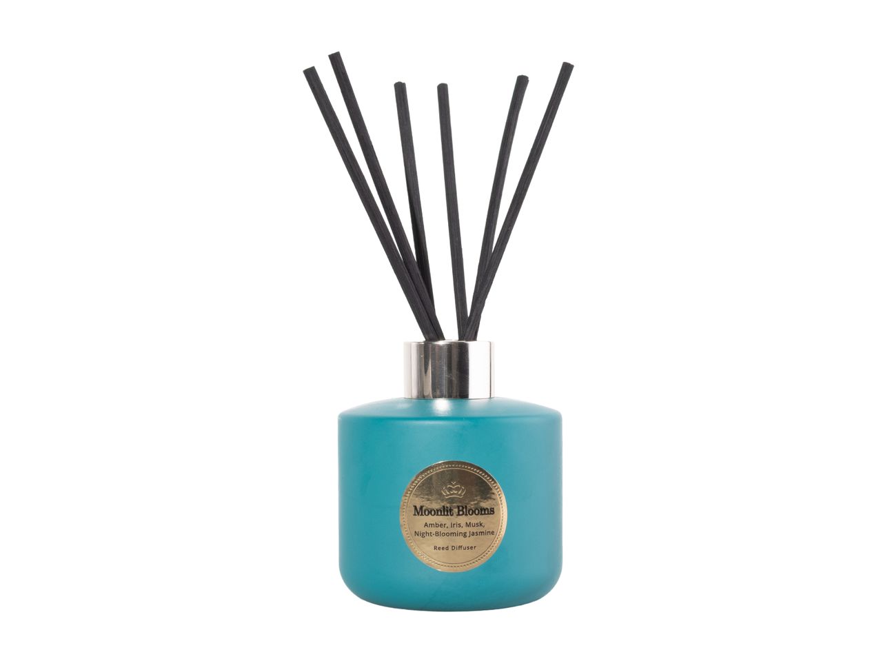 Teal reed diffuser with gold label reading Moonlit Blooms