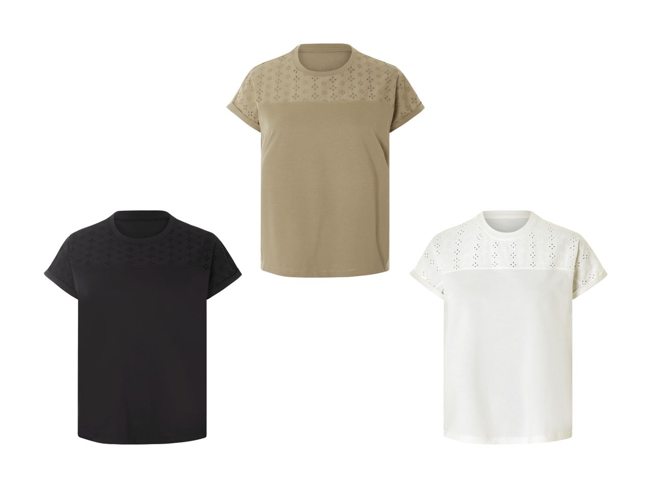 Drei Kurzarm-T-Shirts mit durchbrochenen Stickereien.