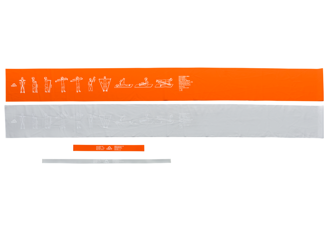 CRIVIT oranje en grijze fitnessbanden met oefeninstructies en productdetails.