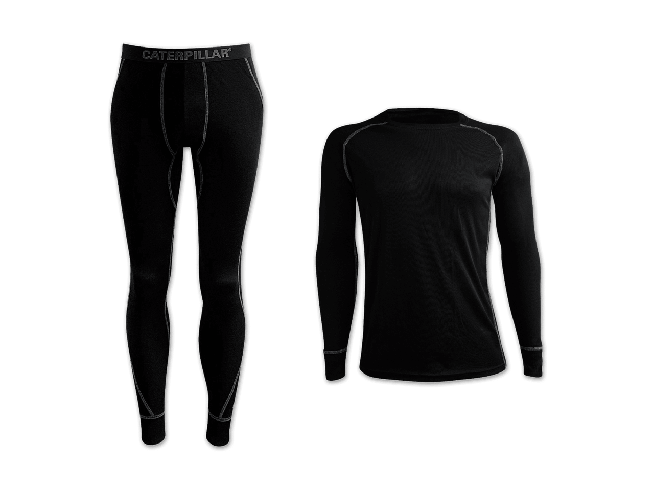 Caterpillar Thermounterwäsche-Set in Schwarz, bestehend aus Langarmshirt und Hose.