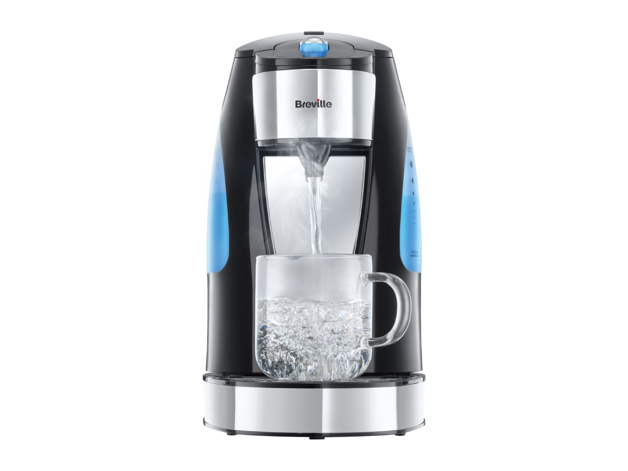 Black and silver hot water dispenser filling a glass mug with steaming water.