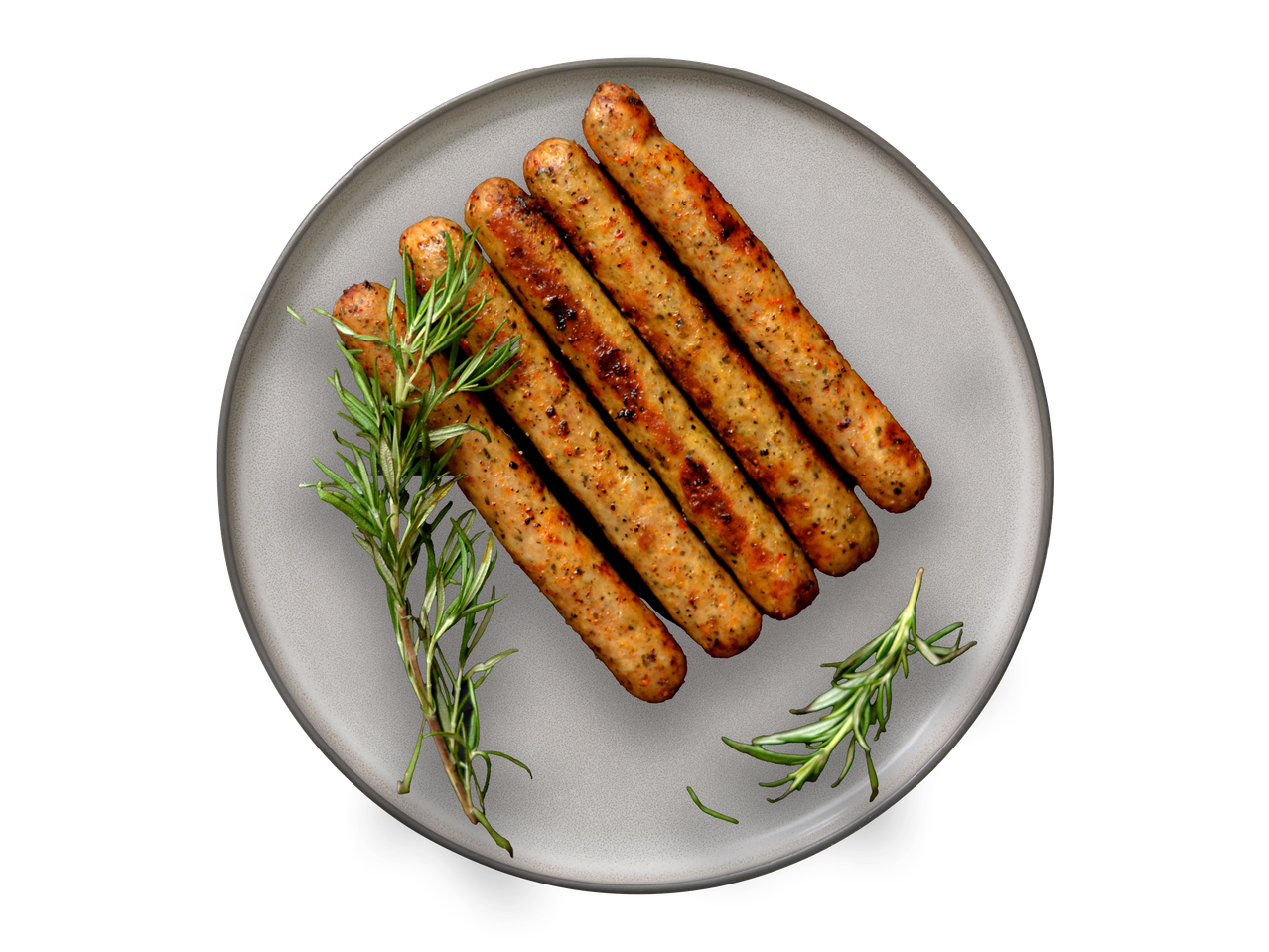 GRILLMEISTER Grildesiņas: Šešios keptos dešrelės su rozmarinais pilkoje lėkštėje.