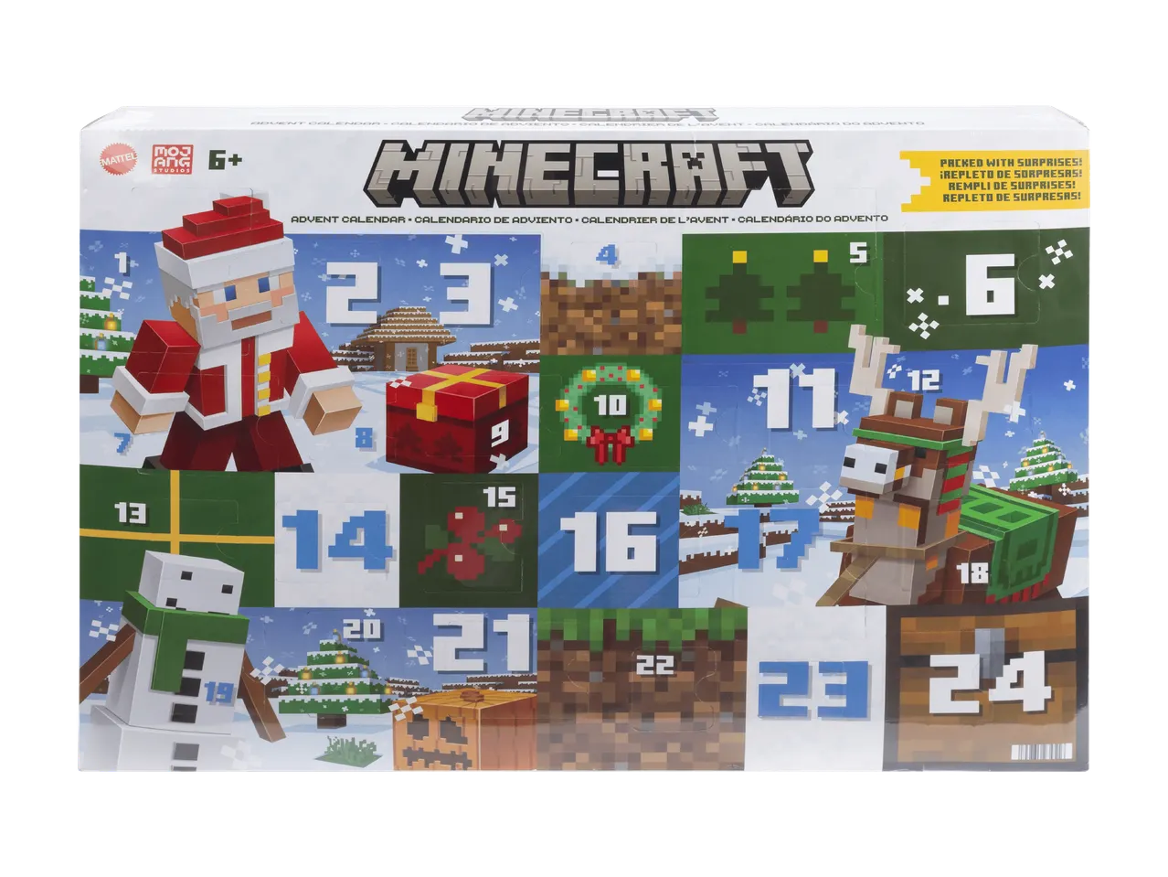 Minecraft-joulukalenteri, jossa on joulupukki, poroja ja lumiukko.