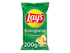Een groene zak chips met Bolognese smaak, 200g, met Nutri-Score A.