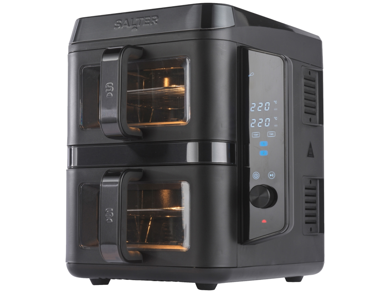 A black Salter dual-compartment air fryer with a digital display.