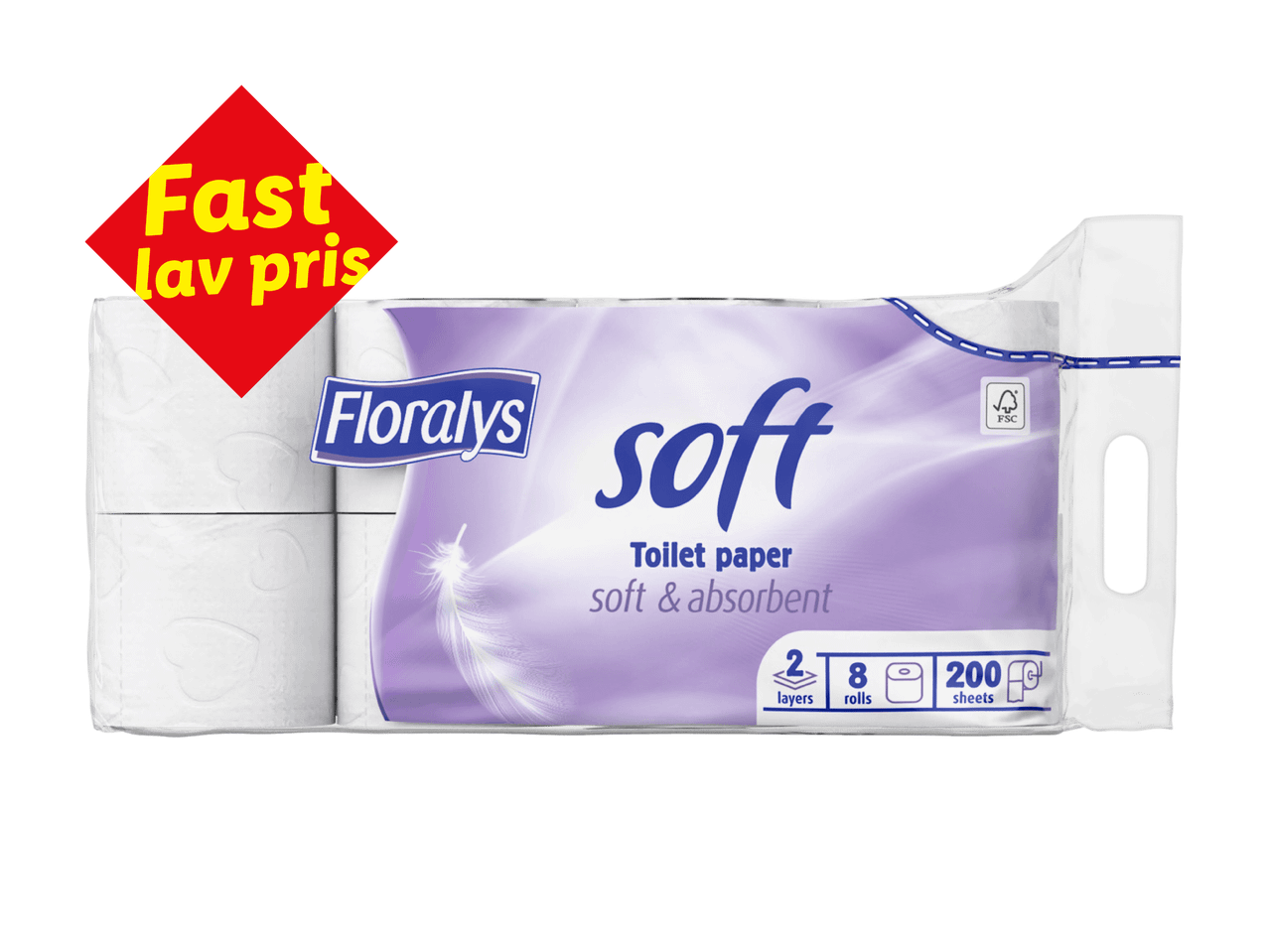 Pakke med 8 ruller blødt og absorberende toiletpapir med 2 lag og 200 ark, med et 'Fast lav pris'-mærke.