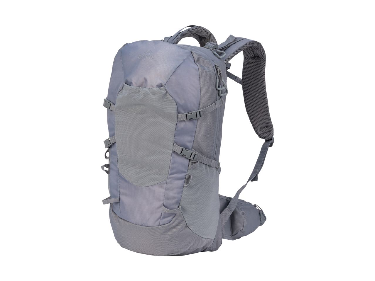 Grey hiking backpack with mesh shoulder straps and multiple buckles
