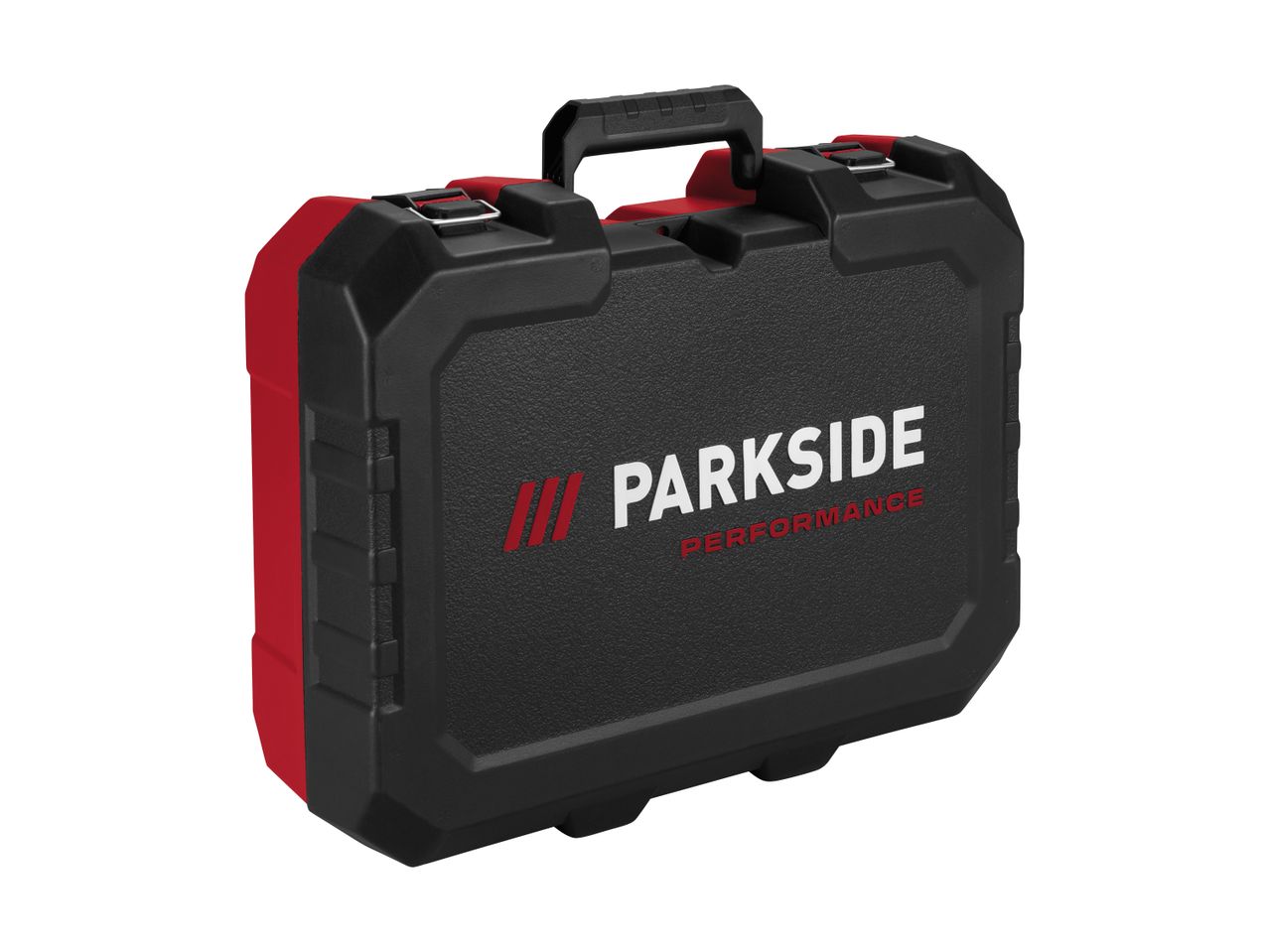 Black and red tool case with a textured surface and a handle on top.