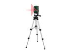 Laser level on a tripod, emitting red cross lines.