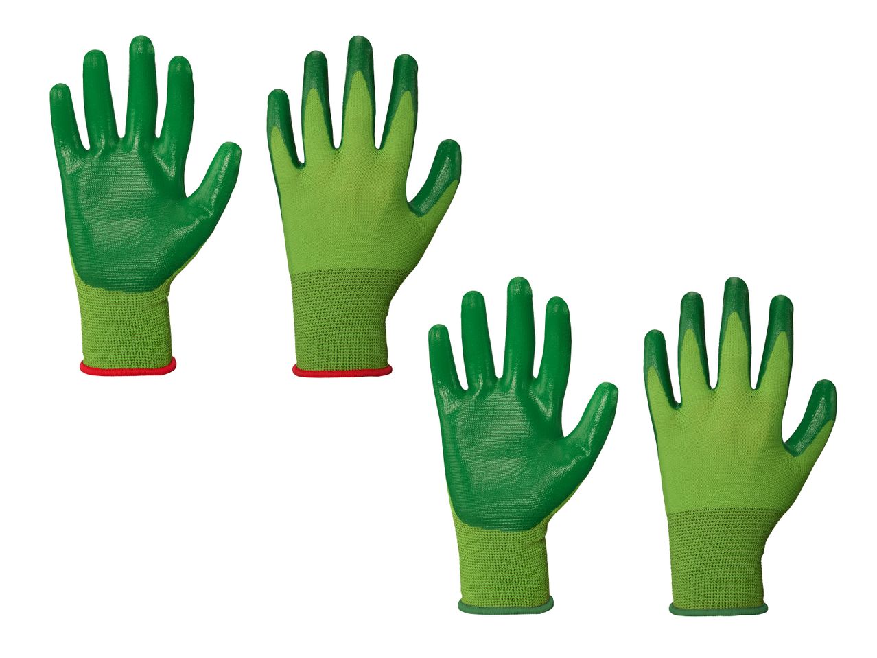 Vier Paar grüne Gartenhandschuhe mit roten und grünen Bündchen