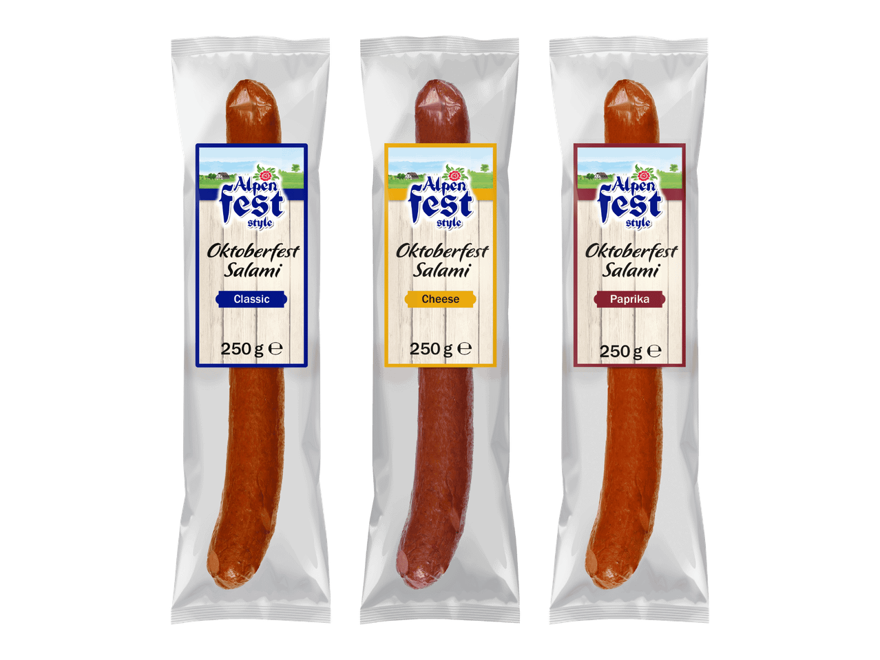 Kolme Oktoberfest-salamipakkausta: klassinen, juusto- ja paprika-maku.