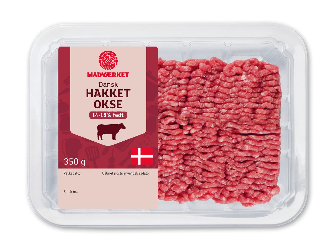 Pakke med hakket oksekød (14-18% fedt) på 350g med dansk flag.